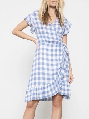 Rails Blue and White Gingham Wrap Midi Dress